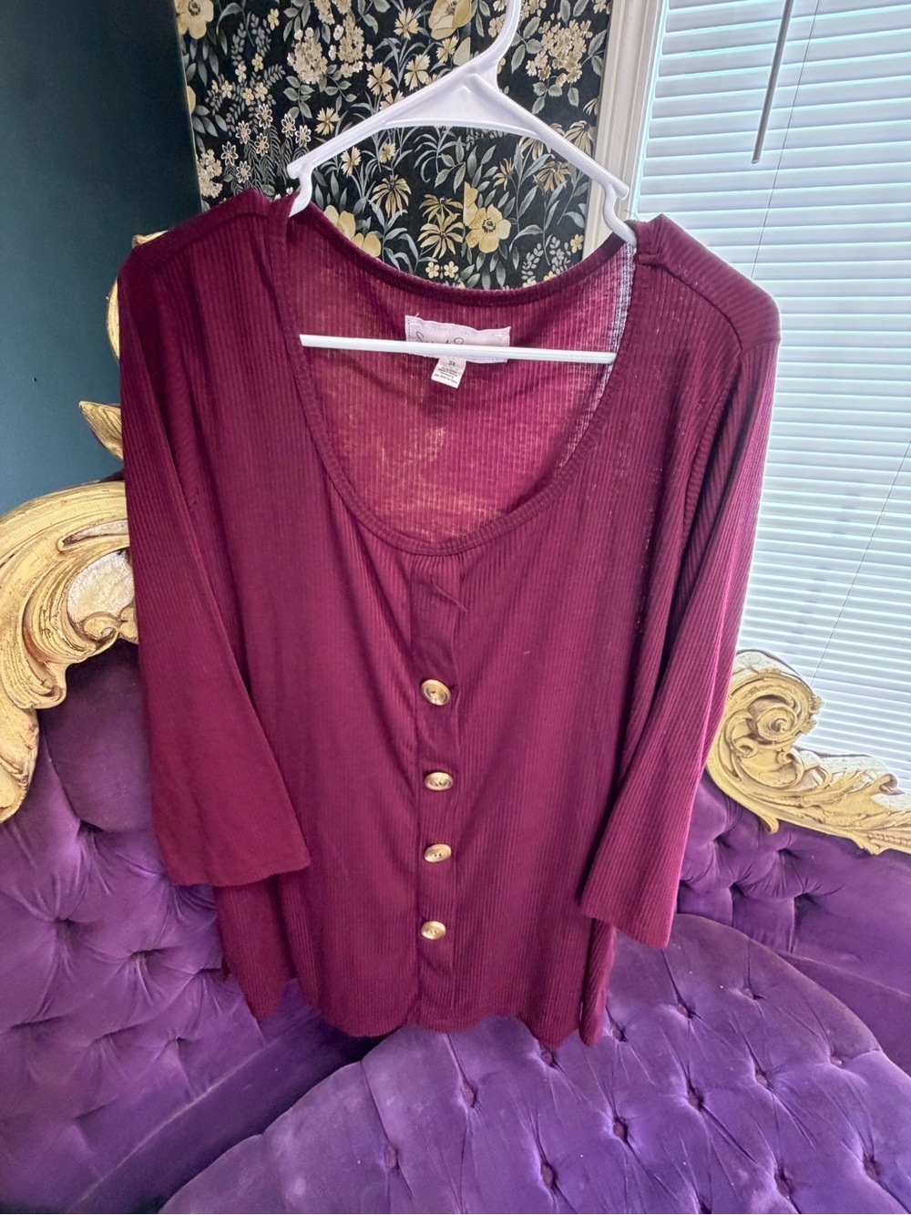 French Laundry Ribbed Button-Front Long Sleeve Top in Burgundy